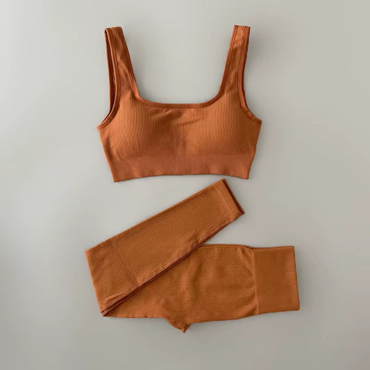 Ribbed Yoga Clothing Sets Women High Waist Leggings and Top Two Piece Set Seamless Tracksuit Fitness Workout Outfits Gym Wear